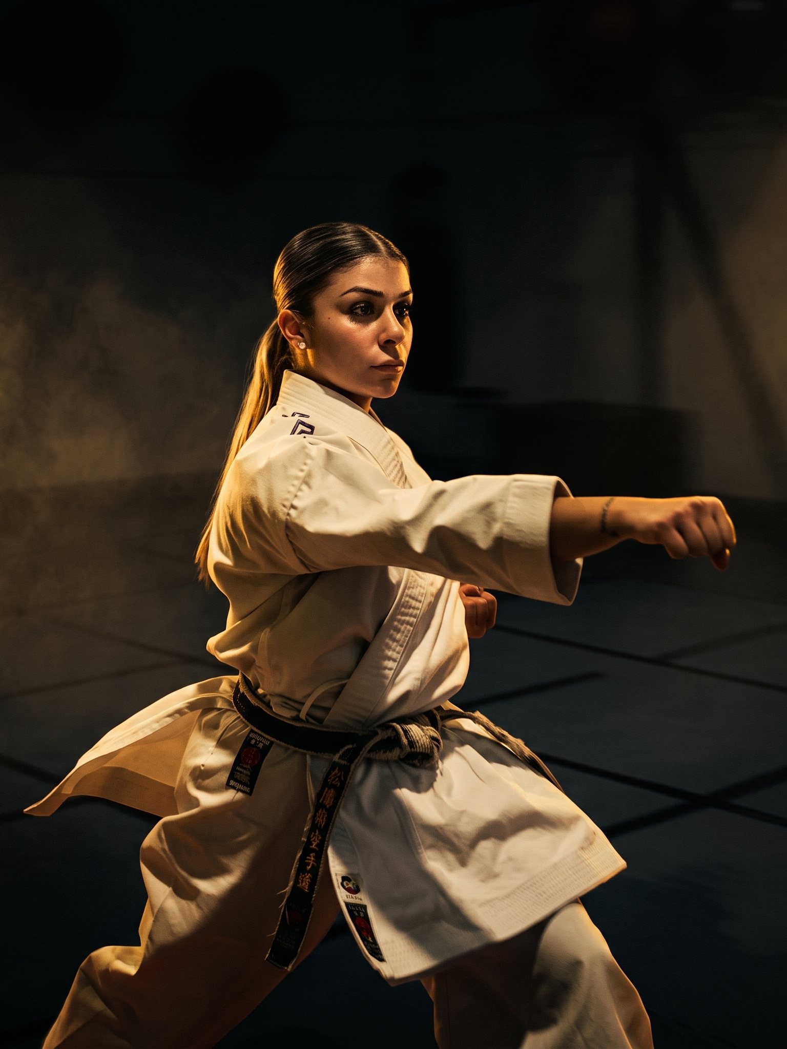 Marta García en guardia de karate, karategi blanco y cinturón negro, iluminada de lado sobre el tatami.